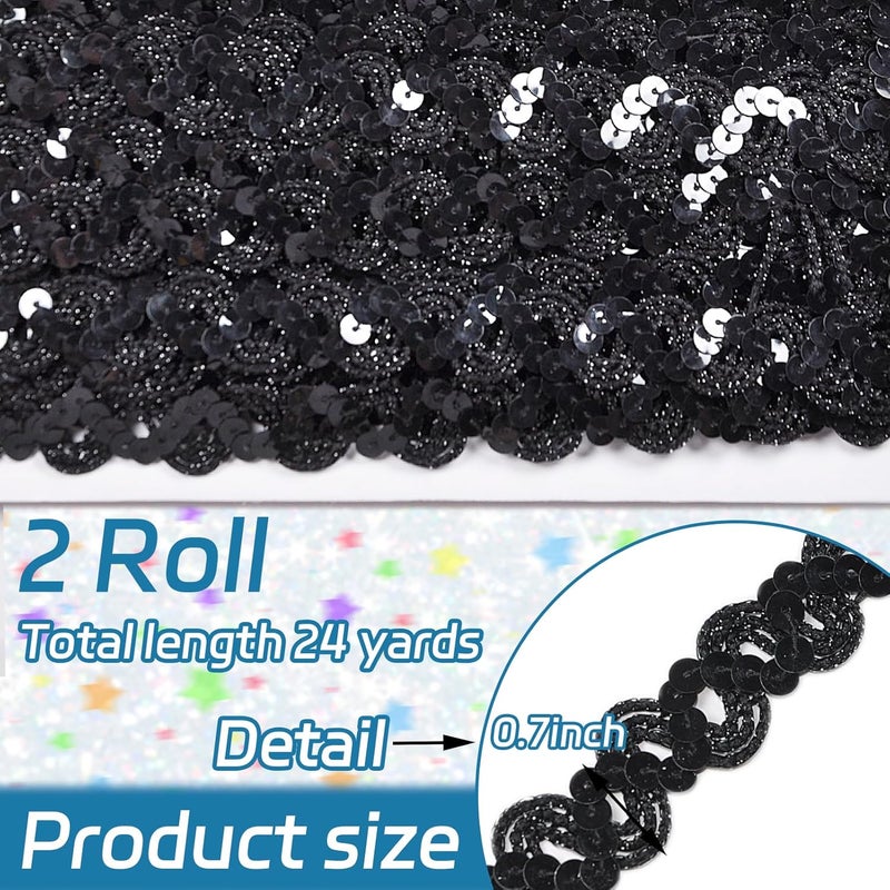 TACOLO 2 Rolls Sequin Ribbon Trim for Sewing, 24 Yards Black Flat Glitter Sequin Trim Flat Strip for Craft, Sports Events, Costume, Embellishments - Image 2